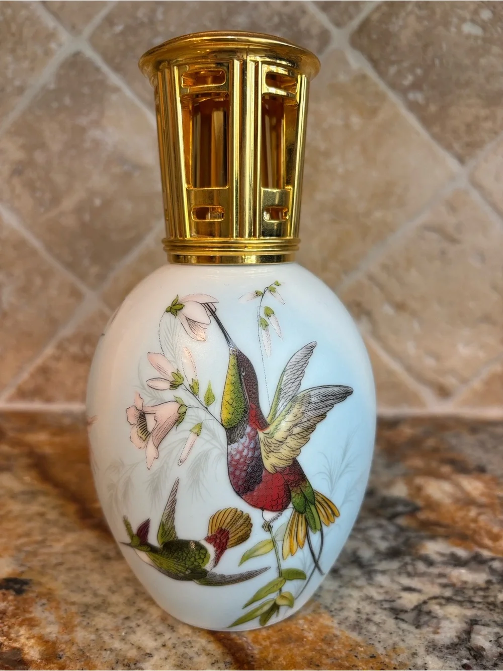 Vintage Lampe Berger Limoges Porcelain Air Purifing Lamp with Hummingbirds